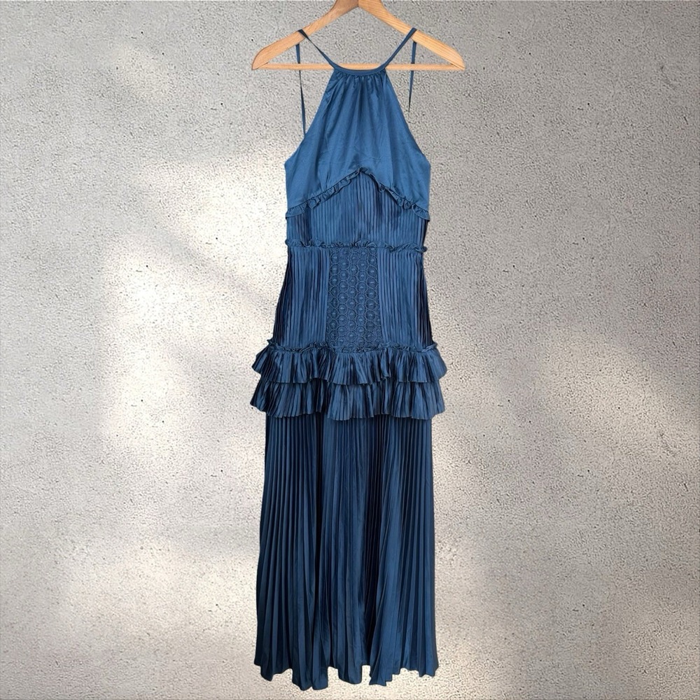 True Decadence Pleated Plisse Tiered Navy Maxi Dress HS1271 US 2 UK 6 - Picture 5 of 9